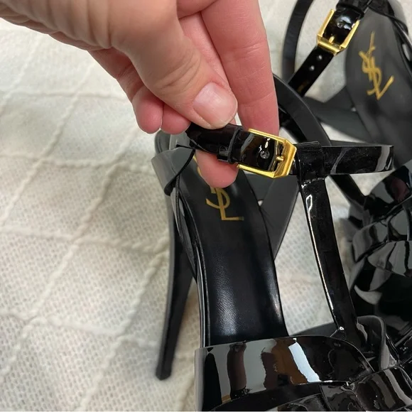 Saint Laurent Tribute Platform Sandals 105mm Black Patent Leather Size 38.5 8.5 - Picture 13 of 17